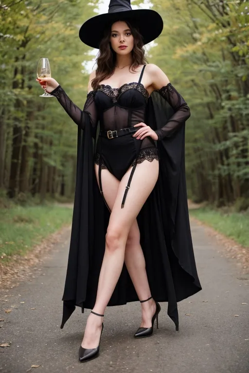 Witch cosplay on a forest road, cinematic realism